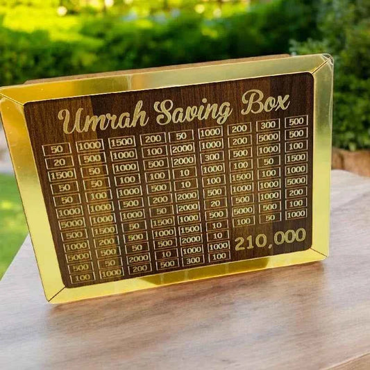 ( FREE HOME DELIVERY ) Umrah Saving Box - Wooden Islamic Money Box - 280 Days Umrah Savings Box Plan