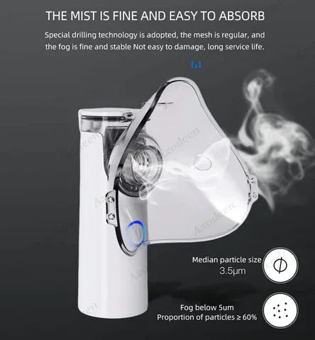 Portable mesh nebulizer with transparent mask emitting fine mist, medical device demonstration.
