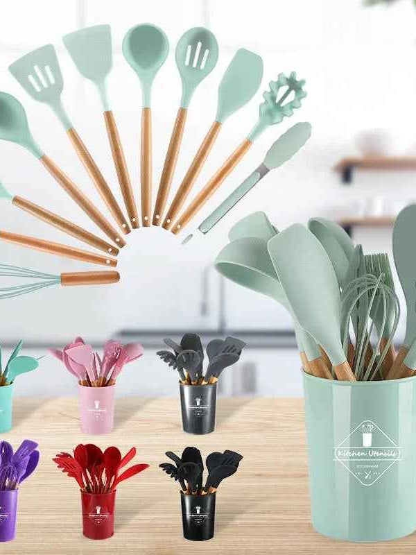 (free home deliver) 12 Pcs Silicone & Heat Resistant Spoons Set with Long Wooden Handle Kitchen Utensils Set