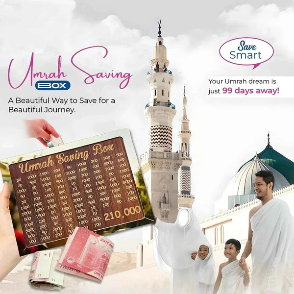 ( FREE HOME DELIVERY ) Umrah Saving Box - Wooden Islamic Money Box - 280 Days Umrah Savings Box Plan