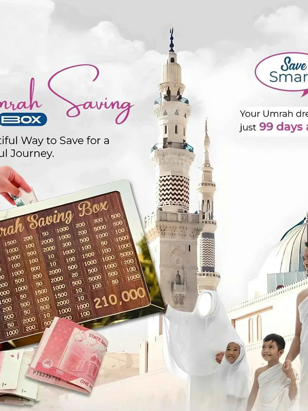 ( FREE HOME DELIVERY ) Umrah Saving Box - Wooden Islamic Money Box - 280 Days Umrah Savings Box Plan